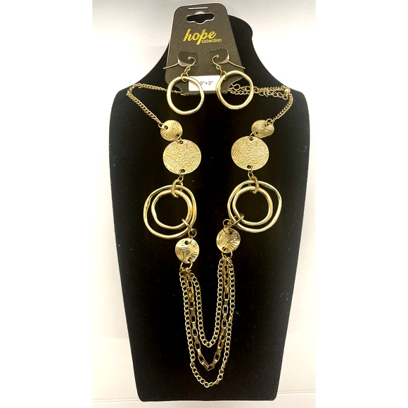 Necklace & Earrings Set Gold Plated Hope Hoops Fashion Costume Jewelry - Picture 1 of 5